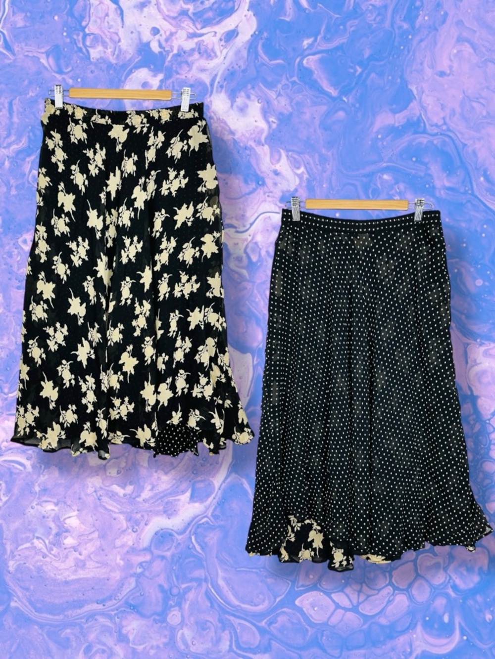 Vintage 90s Silk Peek a Boo Polka Dot Lined Reversible Floral Flowy Midi Sirt S
